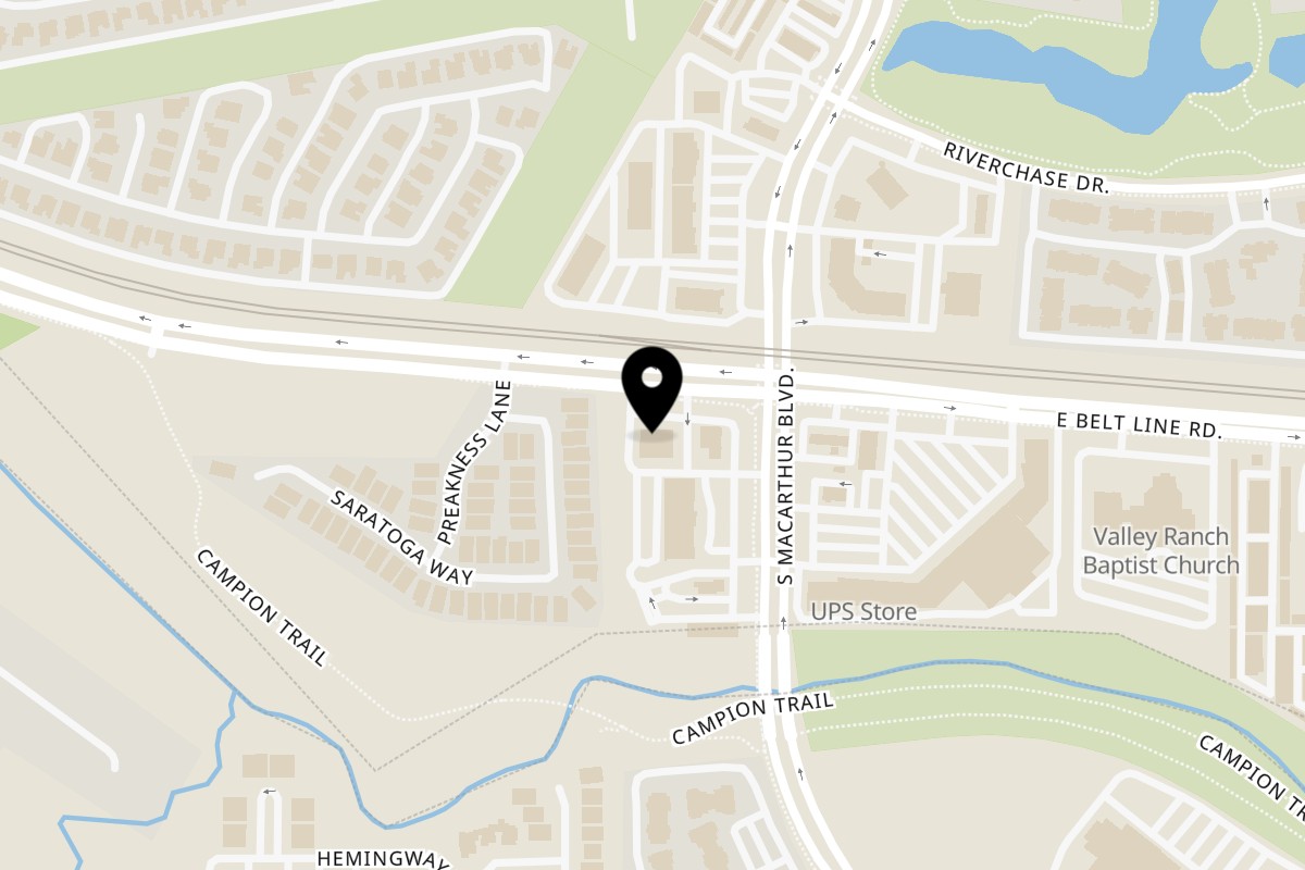 Map showing the location of Bombay Curry Pizza on 809 S MacArthur Blvd #150 in Coppell